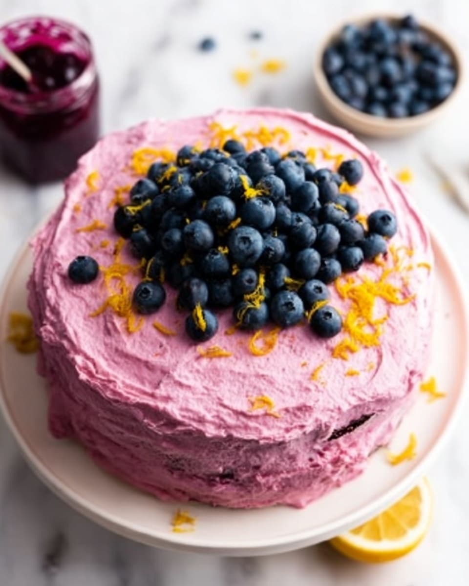 A round cake with two visible layers covered in thick, swirled bright pink frosting is placed on a white cake stand. The top of the cake is decorated with a cluster of fresh dark blue blueberries and sprinkled with yellow lemon zest. The cake stands on a white marbled surface, surrounded by scattered blueberries and halved lemons. Behind the cake, there is a clear glass jar with a spoon inside, holding some dark purple jam. Photo taken with an iphone --ar 4:5 --v 7