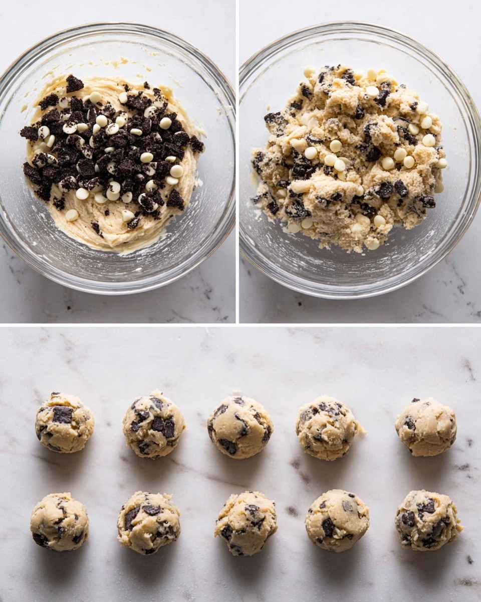 A three-part image showing the process of making cookies in a clear glass bowl and on a white marbled surface. The first part shows a layer of creamy light beige dough with dark brown and white cookie pieces and white chocolate chips on top, unblended. The second part displays the dough fully mixed, creamy light beige with dark cookie crumbs spread evenly inside, filling the bowl about halfway up. The third part shows small round cookie dough balls placed in three rows on a white marbled surface, each ball light beige with dark cookie pieces and white chocolate chips on top. Photo taken with an iphone --ar 4:5 --v 7