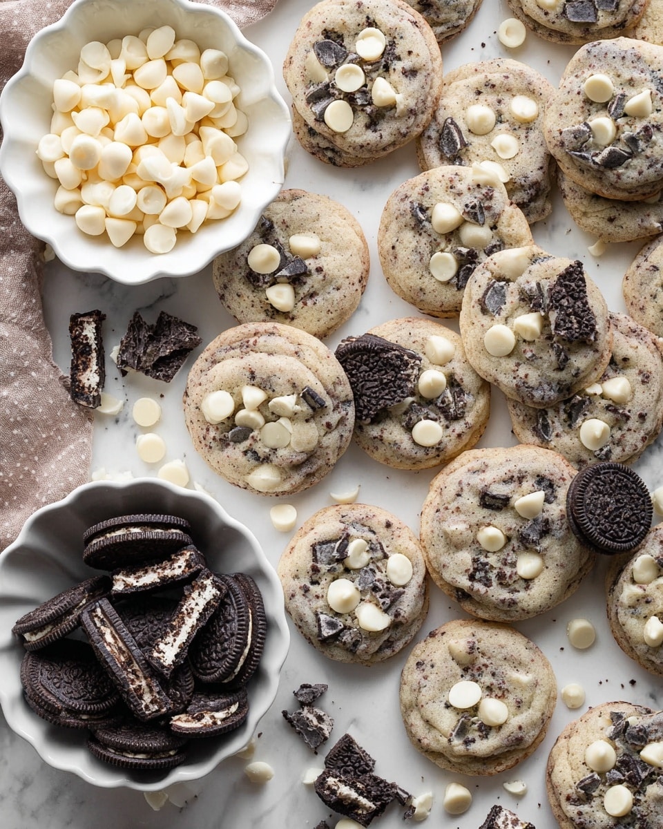 The image shows many round cookies spread over a white marbled surface, each cookie with a pale gray base speckled with dark cookie pieces and topped with scattered white chips and chunks of dark chocolate sandwich cookies. Among the cookies, there are some whole and broken dark chocolate sandwich cookies placed loosely. To the left side, there are two containers: one is a scalloped white bowl filled with white chocolate chips, and below it, a smaller white cup holds broken pieces of the dark chocolate sandwich cookies. The overall look is warm and homemade, with the cookies slightly soft and textured. photo taken with an iphone --ar 4:5 --v 7