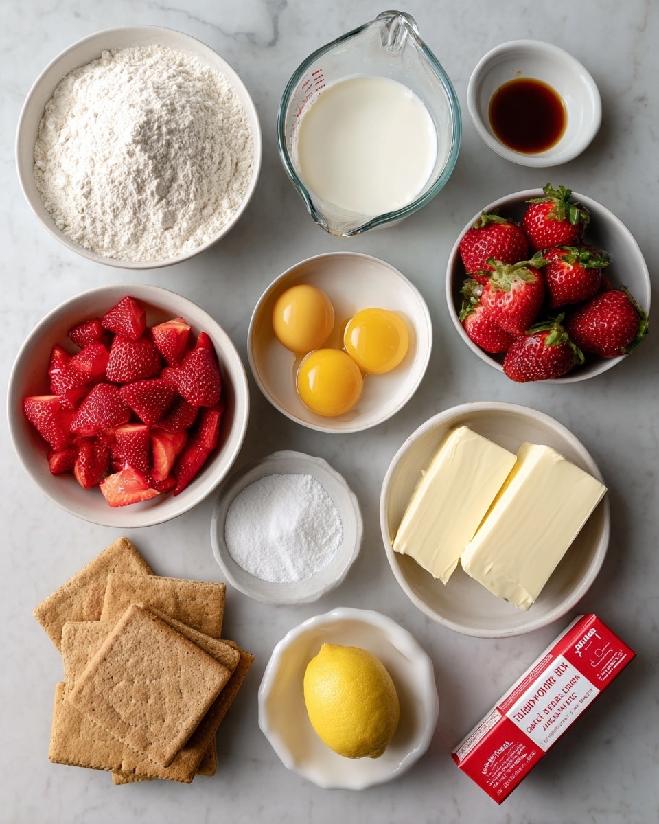 The image shows several small white bowls and containers with ingredients neatly arranged on a white marbled surface. There is a bowl full of white all-purpose flour, a clear glass measuring cup with warm milk, a bowl with bright red chopped strawberries, a bowl with two raw yellow eggs, a bowl filled with white powdered sugar, a small bowl with dark brown vanilla extract, a bowl containing white sugar with a small amount of yeast on top, a bowl with square brown graham crackers stacked inside, two sticks of butter placed on the surface, a red package of plain cream cheese, and a whole yellow lemon. All items are spaced evenly and labeled with simple black text. Photo taken with an iphone --ar 4:5 --v 7