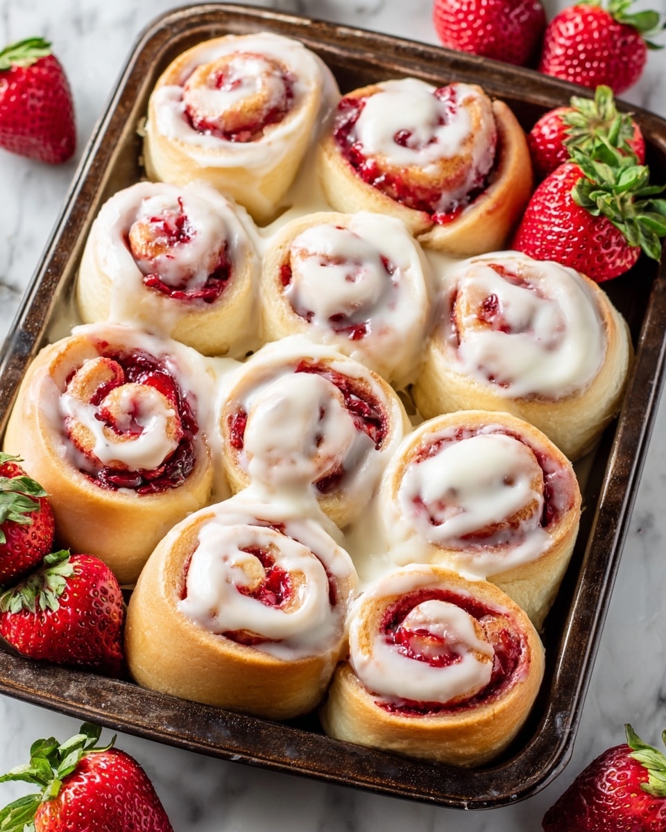 A baking tray filled with nine soft, round rolls that have two main layers: the base layer is golden brown dough, and the top layer is a swirled mix of red strawberry filling and white creamy icing. The rolls show clear spiral shapes with the red filling winding through the middle and the white icing thickly spread on top. Fresh, whole red strawberries with green leaves are placed around the tray, which sits on a white marbled surface. photo taken with an iphone --ar 4:5 --v 7
