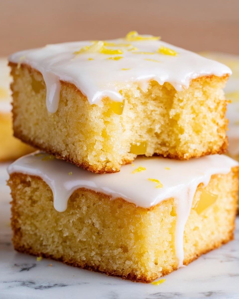 Two square yellow cake pieces stacked on top of each other, each with a smooth white icing layer that drips gently over the edges. The cakes have a light and fluffy texture with small air pockets inside, and there are small bits of yellow zest sprinkled on the icing. The bottom cake slice shows small pieces of light yellow fruit embedded near the base. The cake is placed on a white marbled surface. Photo taken with an iphone --ar 4:5 --v 7