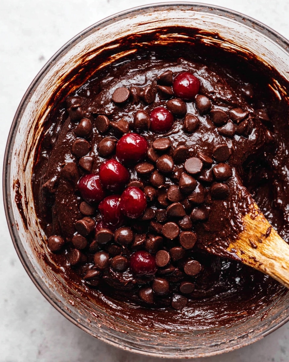 The image shows a clear glass bowl filled with thick, dark chocolate batter mixed with many small, smooth, dark chocolate chips and several glossy red cherries scattered inside. The batter is rich and dense with a shiny, wet texture. A wooden spoon with some batter on it is partly visible at the bottom right inside the bowl, blending into the dark mixture. The background is a white marbled texture. photo taken with an iphone --ar 4:5 --v 7