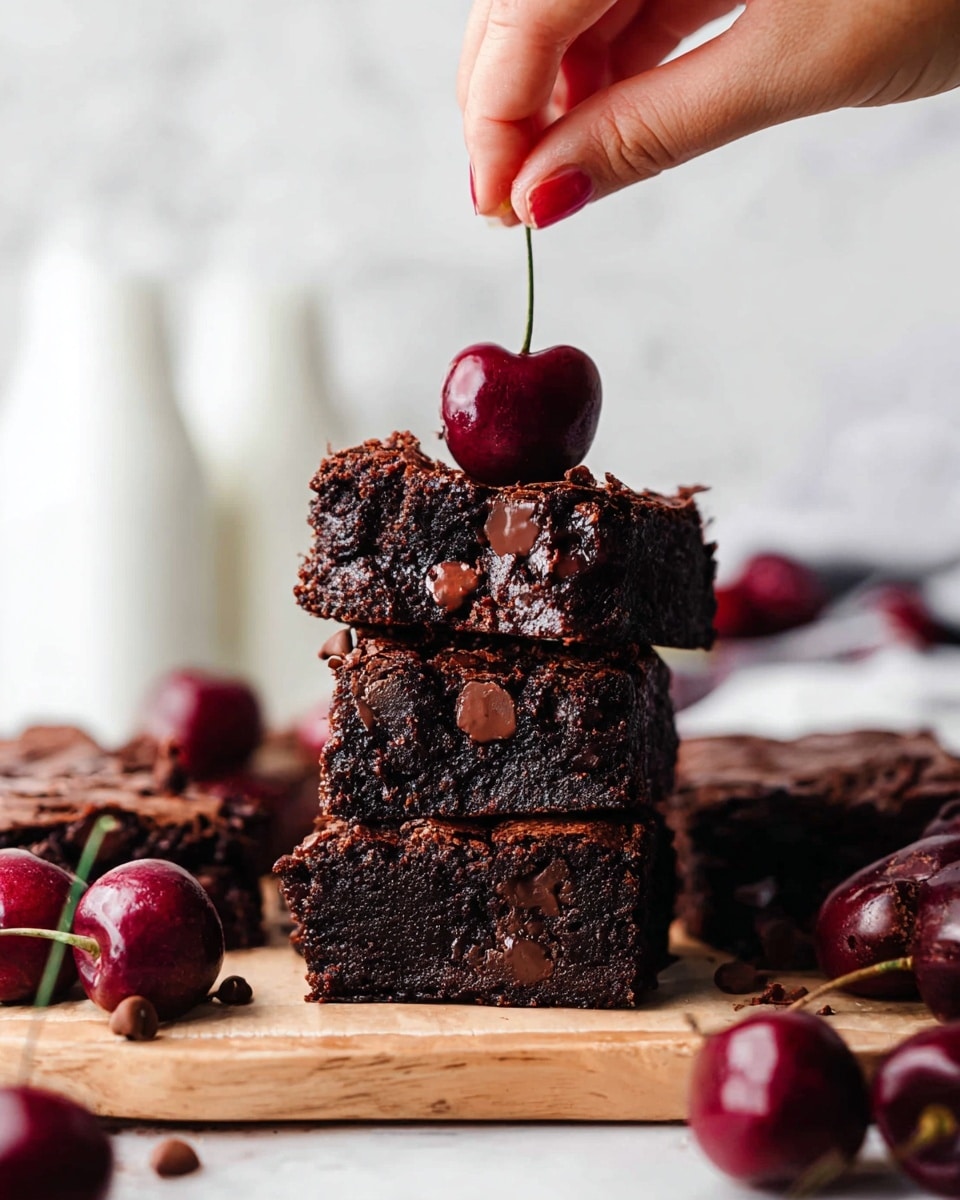 A stack of three rich, dark chocolate brownies with visible chocolate chips inside sits on a light wooden board. The top brownie has a few dark red fresh cherries, some whole and one cut in half, placed on it. A woman's hand is holding a shiny whole cherry by its stem above the stack. Surrounding the stack are more brownies and cherries scattered on the board. In the background, there are blurred white bottles with milk against a white marbled texture surface. photo taken with an iphone --ar 4:5 --v 7