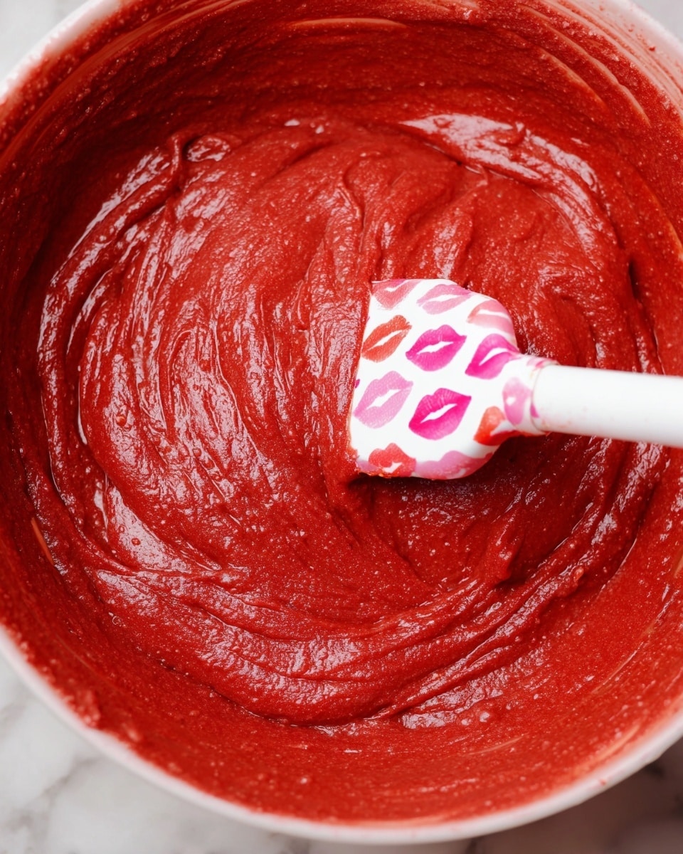 A close-up view of a bowl filled with thick red batter, showing rich smoothness and slight texture from small air bubbles. A white spatula with pink and red lip print patterns is partially inserted in the batter, lifting and swirling it around inside the bowl. The bowl is on a white marbled surface. photo taken with an iphone --ar 4:5 --v 7