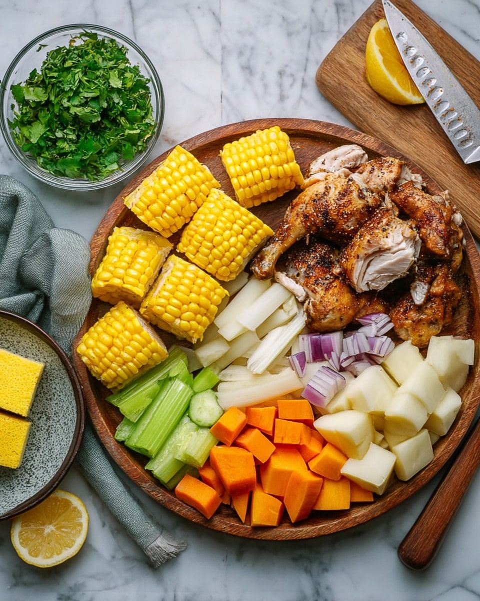 A round brown tray filled with layers of colorful chopped vegetables and herbs arranged neatly: three sections of yellow corn on the cob placed top left, bottom left, and middle left; pieces of white peeled plantain placed under the top left corn; bright orange carrot slices next to the upper middle corn; pale green celery chunks beside the carrots; small purple onion pieces scattered near the celery; chunks of white potato near the top and bottom right of the tray; bright orange pumpkin pieces close to the top right; a whole yellow lemon on the far right; and a small transparent bowl filled with leafy green cilantro and a yellow seasoning cube placed to the left of the bottom corn. Next to the tray, a white plate holds several pieces of cooked seasoned chicken with brown, crispy skin and white meat showing underneath. All is set on a white marbled surface with a knife and cutting board in the background. Photo taken with an iphone --ar 4:5 --v 7