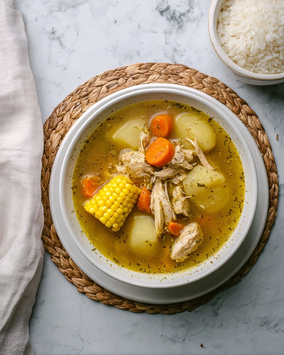 A white bowl filled with a soup that has one thick yellow corn piece on the right side, two large white potato chunks near the top and bottom edges, shredded chicken pieces scattered throughout, and small orange carrot pieces placed in various spots. The broth is golden and clear, showing bits of herbs and spices. The bowl sits on a white plate, both on top of a woven brown mat, all placed on a white marbled surface. Near the top right corner, there is a white bowl filled with white rice. A white cloth lies on the left side of the setup. photo taken with an iphone --ar 4:5 --v 7