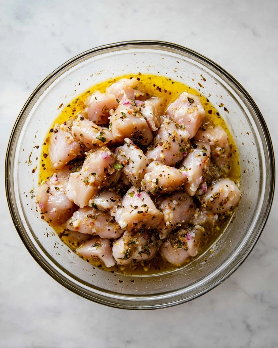 A clear glass bowl is filled with raw small chicken pieces coated in a yellow oily sauce with black pepper and herbs sprinkled on top. The chicken pieces are pale pink with some white parts, and they are mixed evenly with the sauce. The bowl sits on a white marbled surface, making the colors of the chicken and sauce stand out. photo taken with an iphone --ar 4:5 --v 7