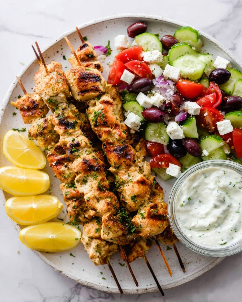 A white round plate with four grilled chicken skewers laying in the middle, the chicken pieces are golden brown with grill marks and sprinkled with green herbs. On the top right side of the plate is a colorful Greek salad made of cucumber slices, halved cherry tomatoes, black olives, and white feta cheese cubes. On the bottom left are four lemon wedges arranged neatly. To the right of the plate, there is a small clear glass bowl filled with creamy white cucumber yogurt sauce. The plate is set on a white marbled surface. Photo taken with an iphone --ar 4:5 --v 7