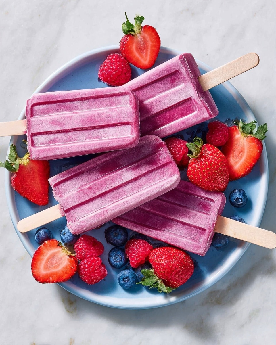 Five purple popsicles with light wood sticks lie in a pile on a white plate. The popsicles have a smooth texture with subtle color streaks. Scattered around and partly under the popsicles are fresh red strawberries with green leaves, bright red raspberries, and round, plump blue blueberries. The plate sits on a white marbled surface. photo taken with an iphone --ar 4:5 --v 7