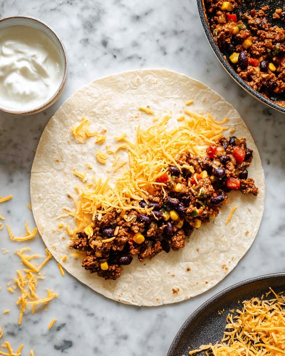 A white flour tortilla lies flat on a white marbled surface, lightly sprinkled with a thin layer of shredded orange-yellow cheese spread evenly across it. On the lower half of the tortilla, there is a thick line of cooked ground meat mixed with black beans, corn, and small diced red bell peppers, showing a textured, hearty mix of colors — dark brown, black, yellow, and red. To the left of the tortilla, there is a small white bowl filled with white sour cream, and on the right, parts of a pan with more of the meat mixture and a black plate with extra shredded cheese are visible. Photo taken with an iphone --ar 4:5 --v 7