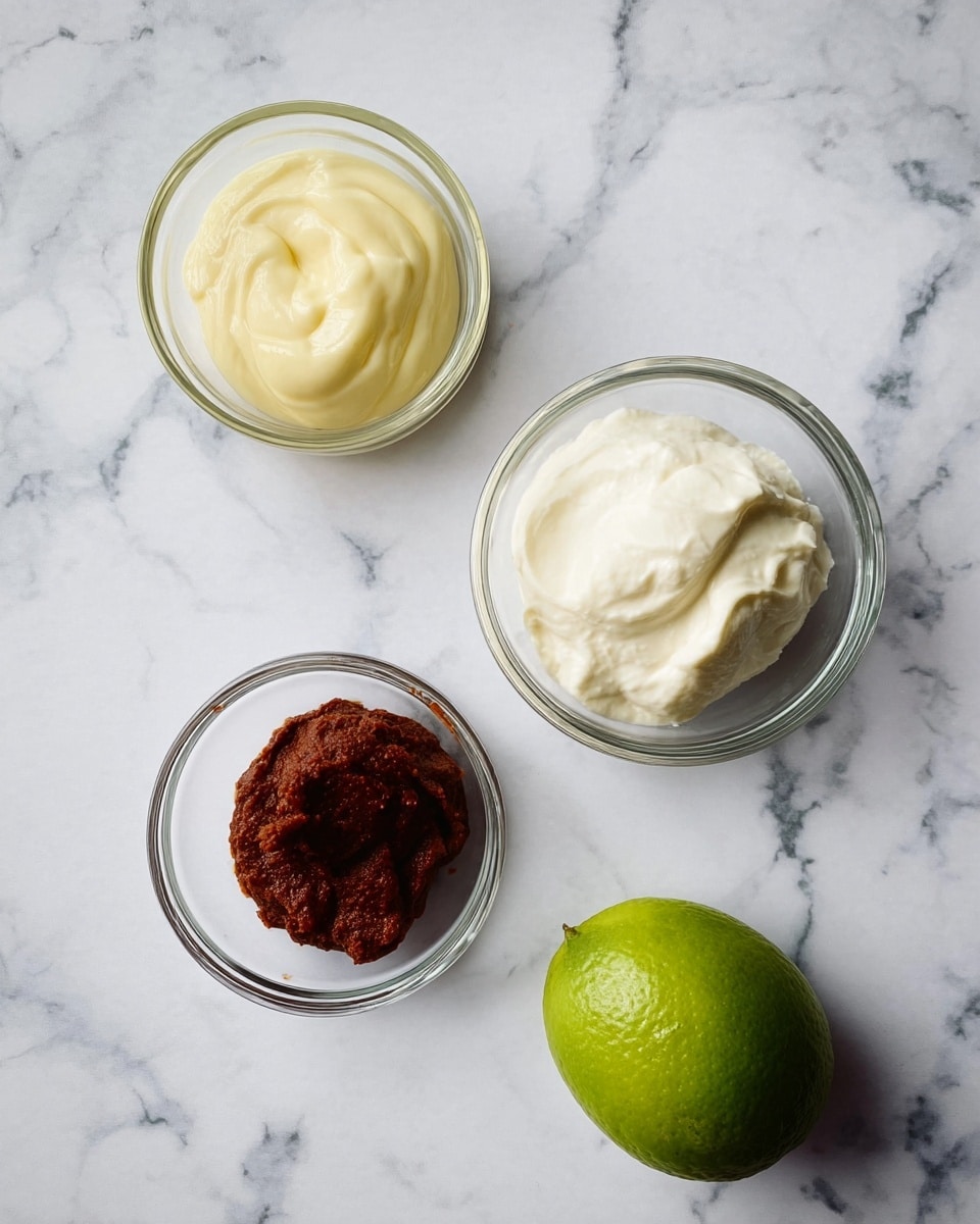 The image shows four items on a white marbled surface: three small clear glass bowls and one whole lime. The top left bowl holds a soft, pale yellow sauce with a smooth and creamy texture. The top right bowl contains a white, thick and creamy sauce with slight peaks. The bottom left bowl has a small amount of dark reddish-brown paste with a dense and slightly uneven texture. The whole lime is placed to the right of the bottom bowls, showing a bright green, textured skin. photo taken with an iphone --ar 4:5 --v 7