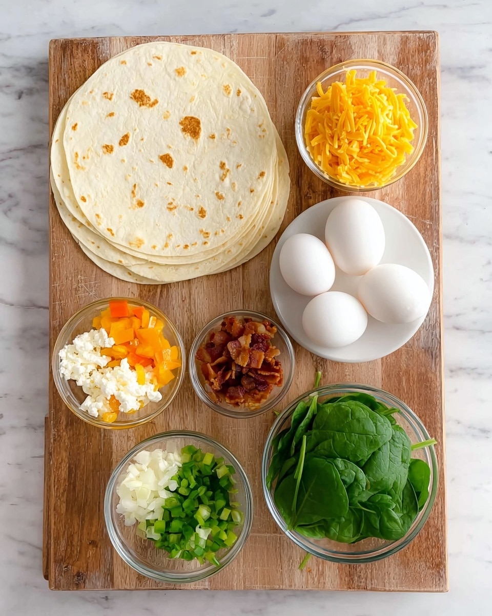 The image shows a wooden cutting board with six different ingredients neatly arranged on it. On the top left, there is a stack of light beige tortillas with small brown spots. Below the tortillas, a white plate holds four whole white eggs and a small glass bowl with crispy bacon pieces. To the right of the plate are two small glass bowls; one filled with shredded bright yellow cheddar cheese and the other with white crumbled cheese. At the bottom left corner, a small glass bowl contains chopped orange bell peppers and green onions, while the center bottom has a bowl filled with fresh green spinach leaves. The board is placed on a white marbled surface. photo taken with an iphone --ar 4:5 --v 7