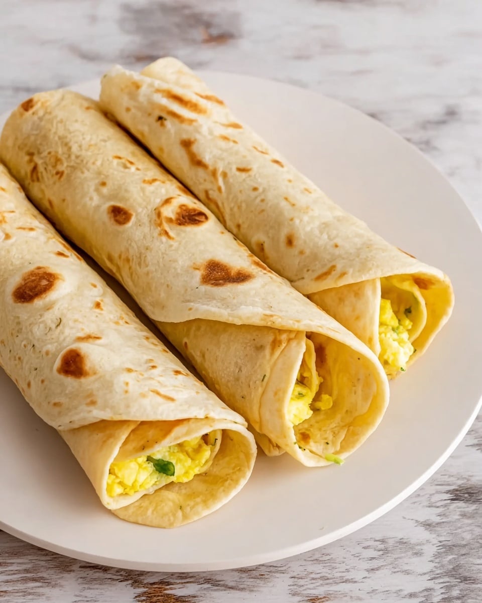 Three rolled tortillas rest side by side on a white plate over a white marbled surface. Each tortilla is light beige with slightly browned spots and a soft texture. The ends reveal a filling of creamy yellow scrambled eggs with hints of green herbs inside. The rolls are closely packed and smooth, showing a neat and simple breakfast dish. Photo taken with an iphone --ar 4:5 --v 7