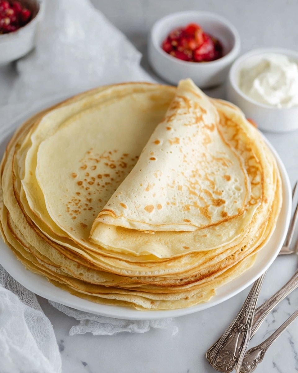 A stack of thin pancakes with smooth edges sits on a white plate, placed on a white marbled surface. The stack has around ten pancakes; one pancake on top is folded halfway, showing its light golden top side with pale spots and the light cream underside. Nearby are small white bowls, one with red fruit pieces and another with white cream. A vintage silver fork lies by the plate. Photo taken with an iphone --ar 4:5 --v 7