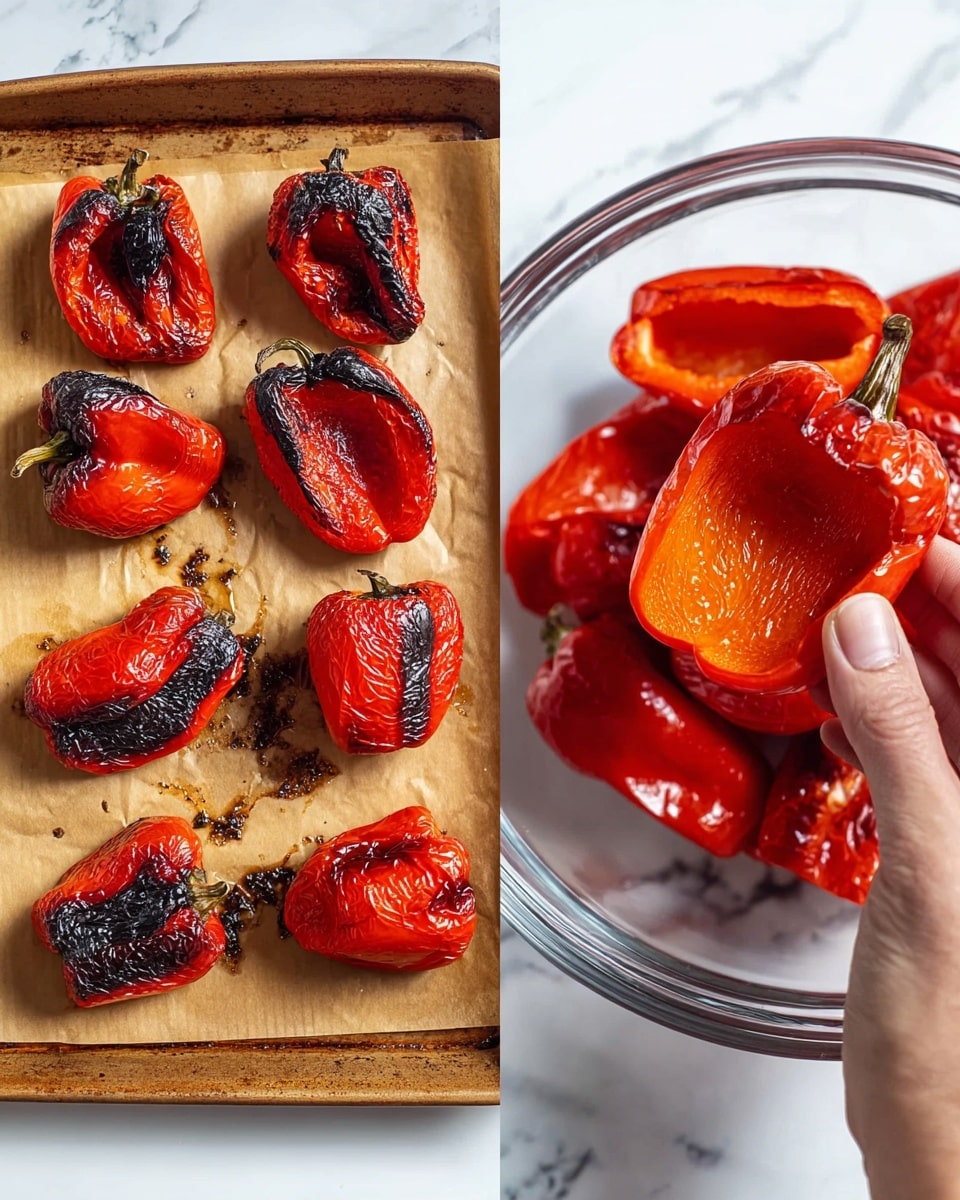 The image shows two parts: on the left, eight half red peppers with black roasted skin are placed in two columns on a baking tray lined with brown paper, the peppers have wrinkled skin and charred spots mostly in the center; on the right, a woman's hand holds one peeled pepper above a clear glass bowl filled with several more peeled red peppers that are soft and shiny, the background features a white marbled surface. photo taken with an iphone --ar 4:5 --v 7