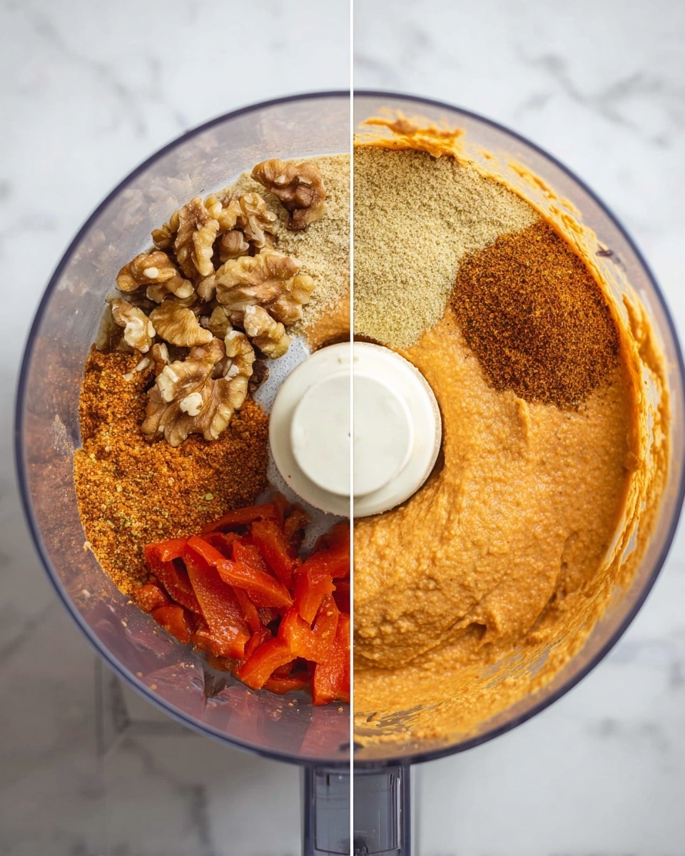 The image shows a clear food processor bowl on a white marbled surface, divided into two parts. The left side shows the ingredients before mixing, with five distinct layers: chopped walnuts in a light brown cluster on the left, bright roasted red bell peppers in soft folds on the bottom right, a pile of light beige breadcrumbs on the top right, a layer of fine yellowish spice powder on the top left, and a small patch of a darker brown powder next to the walnuts. The right side shows the contents blended into a smooth, thick paste with a warm orange-brown color filling the bowl evenly around the central white blade. Photo taken with an iphone --ar 4:5 --v 7