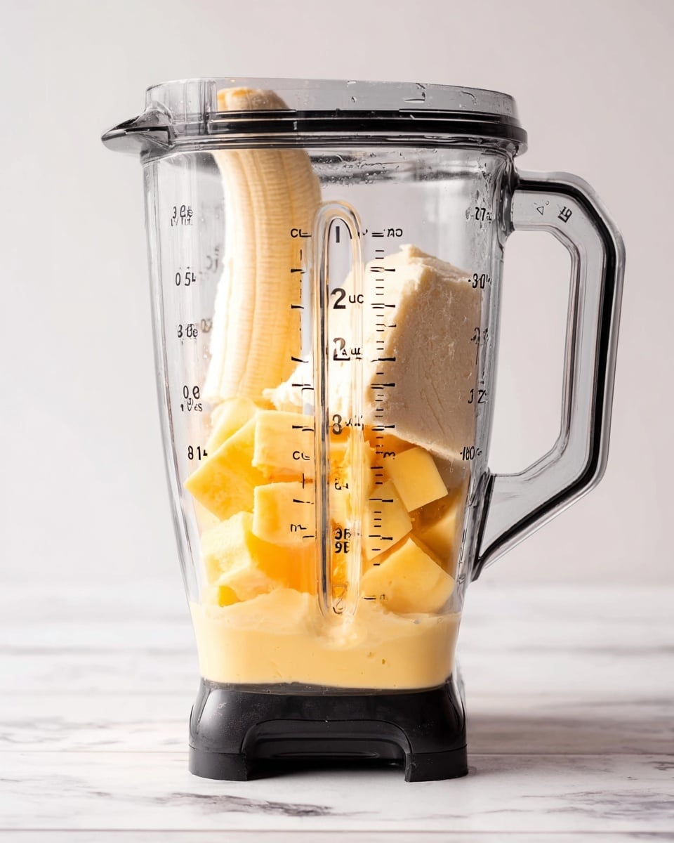 A clear blender container with black handle and base sits on a white marbled surface, filled with several layers of ingredients. At the bottom, there is a light yellow liquid layer, followed by chunks of bright yellow solid pieces. Above them, a large piece of cream-colored soft ingredient rests on the right side. On the left, a whole peeled banana with pale yellow color leans against the container wall. The container has black measurement marks on the front reading up to 72 oz or 9 cups. The image is bright with soft shadows. Photo taken with an iphone --ar 4:5 --v 7