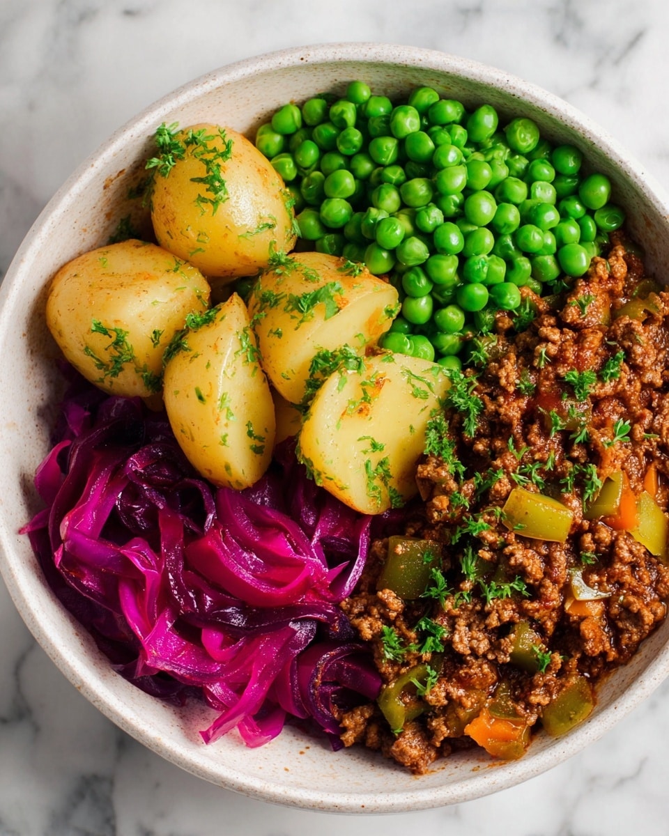 The dish is served in a white bowl on a white marbled surface and has four main parts. In the top left are soft golden potatoes with chopped green herbs scattered on top. On the top right, bright green peas are piled neatly. The bottom section is divided into two: on the left are thin strips of bright purple pickled cabbage, and on the right is a rich brown ground meat mix with small pieces of orange and green vegetables mixed in. The colors are vivid, and the textures range from smooth potatoes to crumbly meat and crunchy cabbage. photo taken with an iphone --ar 4:5 --v 7