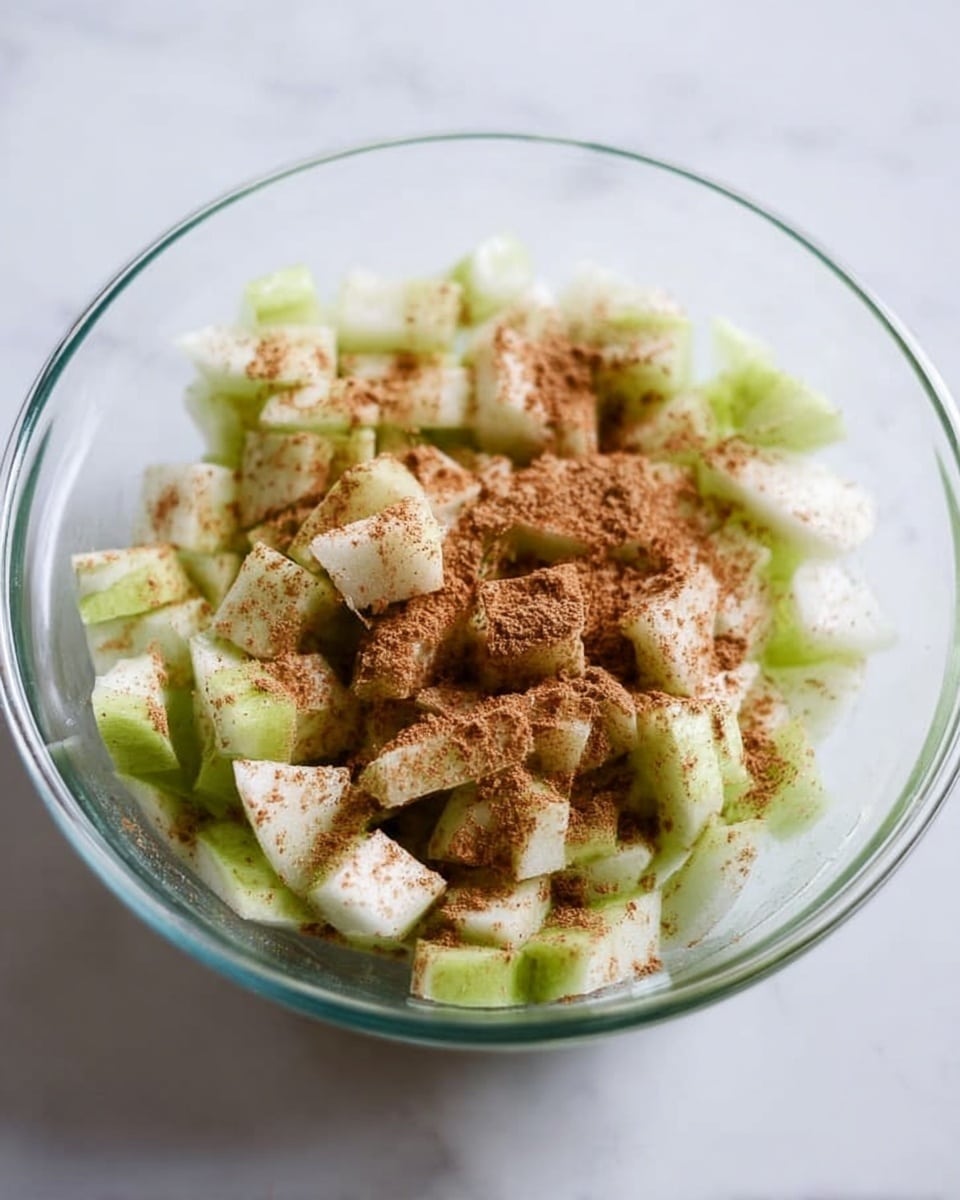 A clear glass bowl filled with several small pieces of pale green and white chopped fruit or vegetable, lightly sprinkled with a brown powder, likely cinnamon, scattered evenly on top. The bowl sits on a white marbled surface, creating a clean and bright background. The small diced pieces have a smooth texture and are piled loosely within the bowl, showing some space between them. photo taken with an iphone --ar 4:5 --v 7