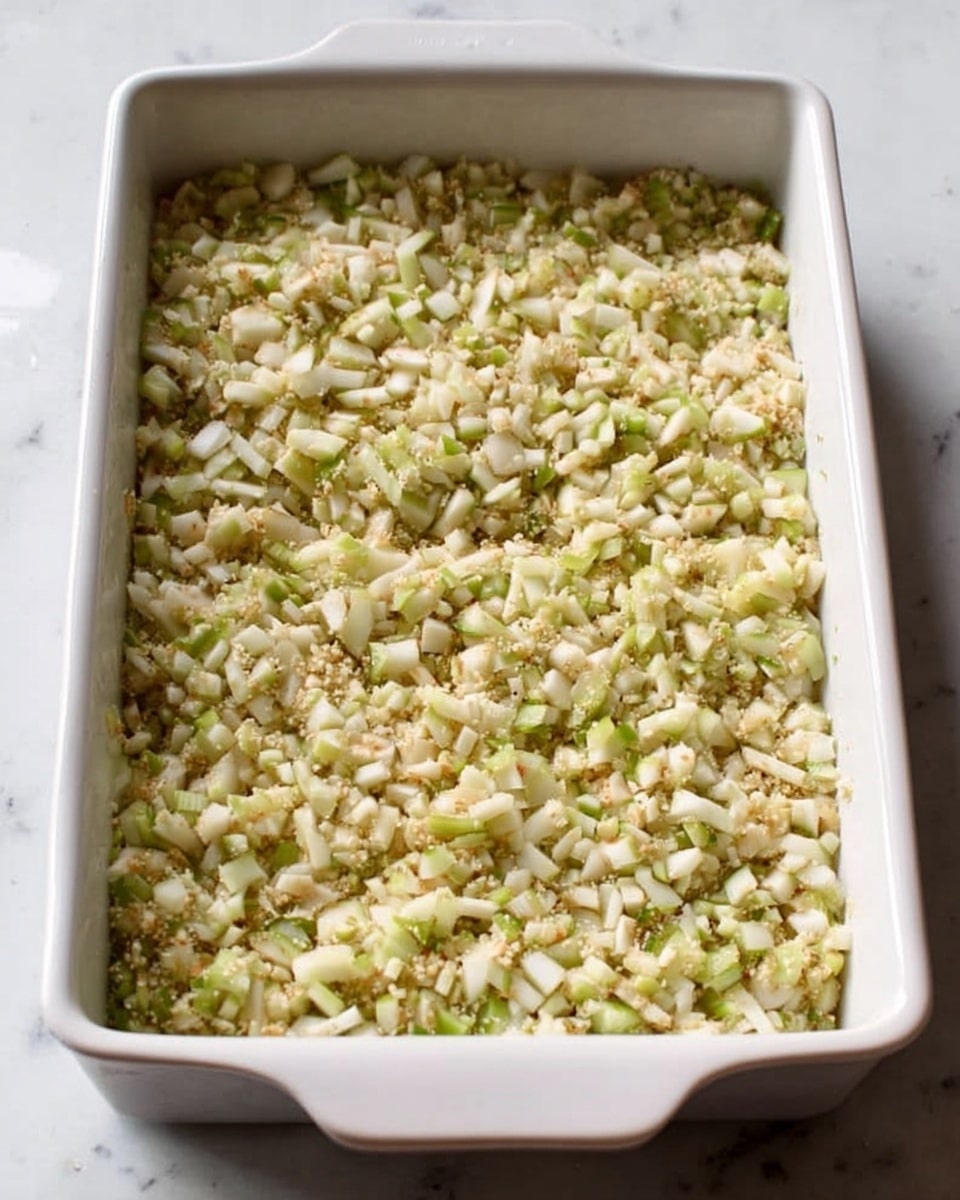 A white rectangular baking dish filled with small, light green and beige chopped pieces spread evenly across the surface, showing a mixture of finely diced ingredients with a slightly varied texture. The dish is placed on a white marbled surface. photo taken with an iphone --ar 4:5 --v 7