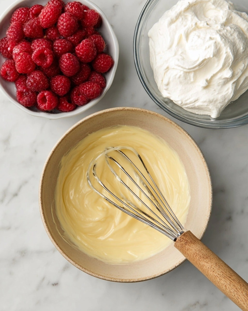 The image shows three bowls on a white marbled surface. In the center, there is a beige bowl filled with a smooth, pale yellow cream that looks thick and soft. A metal whisk with a wooden handle is resting inside this bowl, partly covered with the cream. On the top left, there is a small white bowl filled with bright red raspberries that look fresh and plump, with a detailed texture visible. On the top right, there is a clear glass bowl filled with fluffy white whipped cream that looks light and airy. The colors are soft and natural, with the cream and whipped texture contrasting with the vibrant raspberries. Photo taken with an iphone --ar 4:5 --v 7