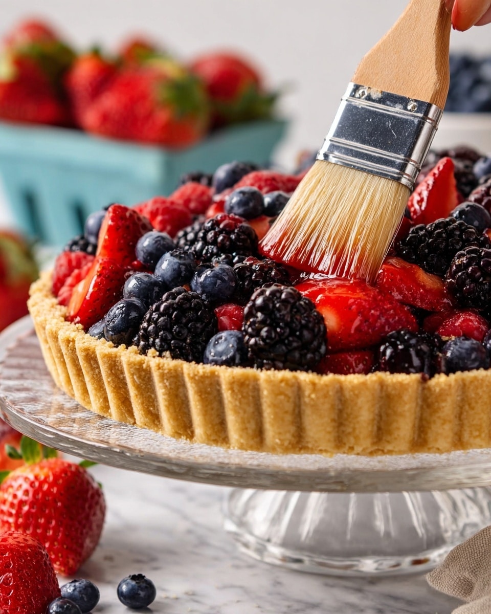 A close-up view of a mixed berry tart on a clear glass stand, placed on a white marbled surface. The tart has a golden, crumbly crust forming the bottom and edges. It is filled with a layer of colorful fresh berries, including bright red strawberries, deep blue blueberries, and dark blackberries, all tightly packed together. A woman's hand is holding a wooden brush with light bristles, brushing a shiny glaze over the top of the berries, making them look glossy and fresh. In the background, more fresh strawberries and a blue container filled with berries can be softly seen out of focus. Photo taken with an iphone --ar 4:5 --v 7