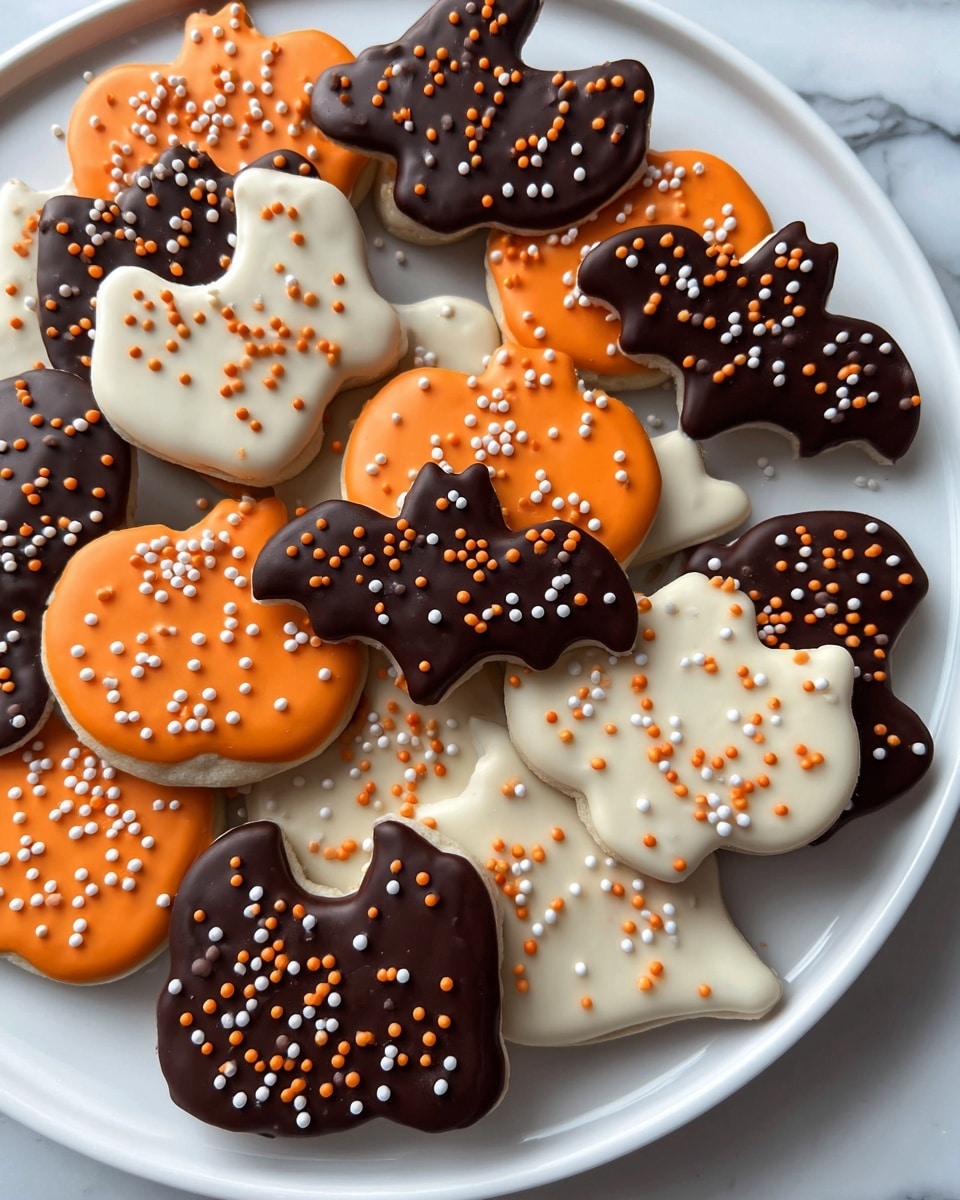 A white plate holds several Halloween-themed cookies with three main layers each: a base cookie layer, a thick smooth coating in either white, dark brown, or bright orange, and small round sprinkles scattered on top in white, orange, and brown colors. The cookies are shaped like pumpkins, bats, ghosts, and cats, all with clear, smooth edges. The plate is on a white marbled surface, and the lighting highlights the shiny texture of the coating and the sprinkles' small round shapes. photo taken with an iphone --ar 4:5 --v 7