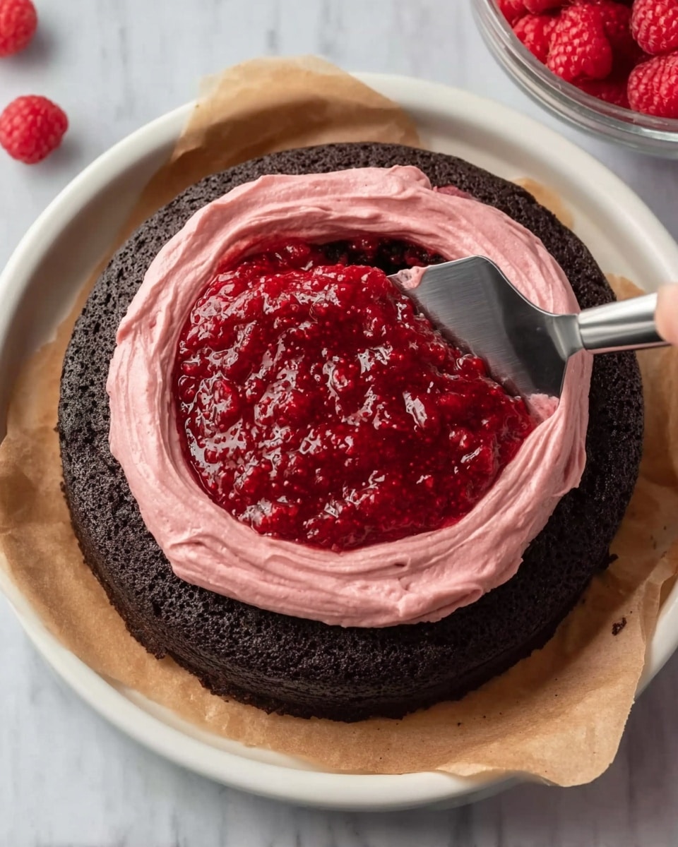 The image shows a single dark chocolate cake layer on a white plate lined with brown parchment paper. Around the edge of the cake, there is a ring of light pink frosting with a smooth, creamy texture. In the middle of the cake, a bright red raspberry jam, chunky with visible seeds, is being spread with a metal spatula held by a woman's hand. The background is a white marbled surface with a bowl of fresh raspberries partly visible at the top right. Photo taken with an iphone --ar 4:5 --v 7
