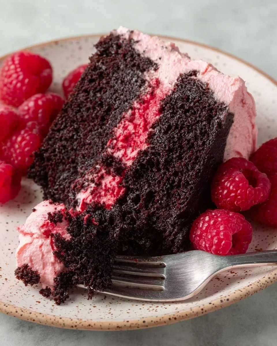 The image shows a slice of dark chocolate cake with two thick layers of rich, moist cake separated by a bright red raspberry filling. The top is covered with light pink raspberry frosting that has a soft, textured look. Fresh red raspberries are placed on the white speckled plate beside the cake slice. A silver fork holds a piece of the cake with frosting and raspberry filling visible. The background is a white marbled texture. photo taken with an iphone --ar 4:5 --v 7