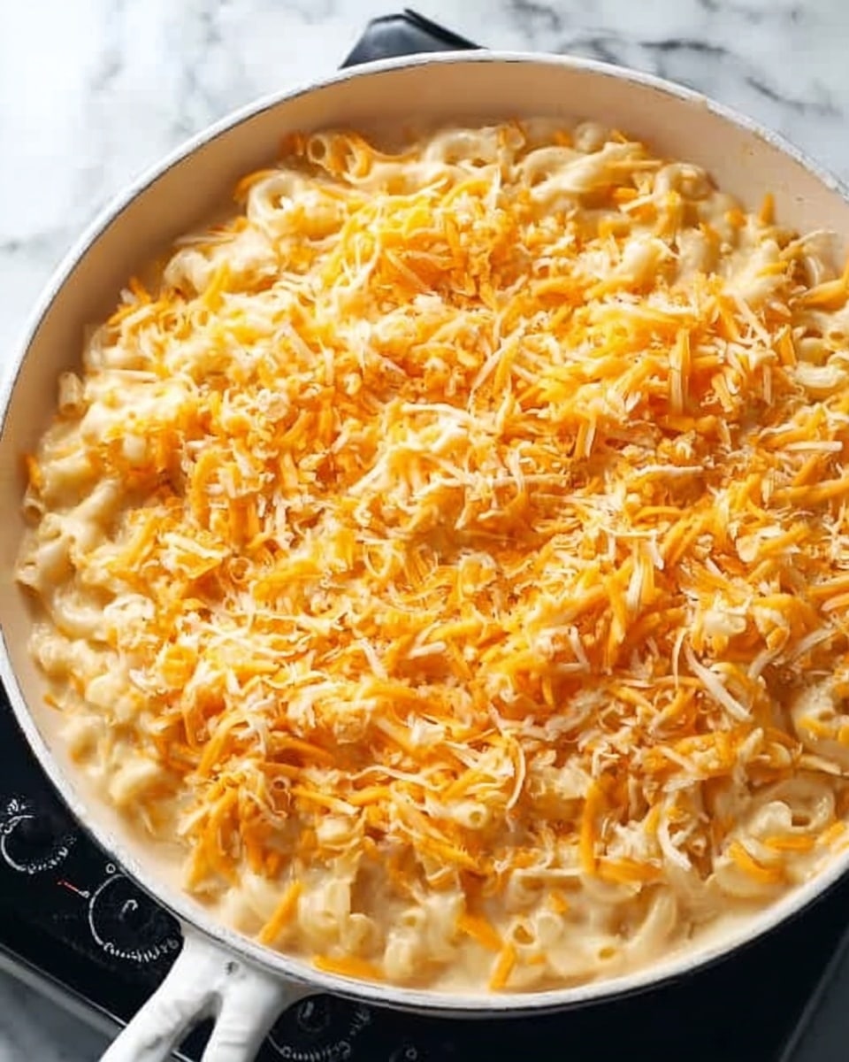 A white skillet filled with macaroni and cheese, showing creamy pasta layers mixed with a smooth sauce. On top, shredded orange and white cheese is spread evenly, with a slightly textured surface that looks soft and melted but not browned. The skillet handle is visible, and it sits on a white marbled surface with a cooking stove control partially seen in the background. The image looks bright and warm, ready to be served photo taken with an iphone --ar 4:5 --v 7