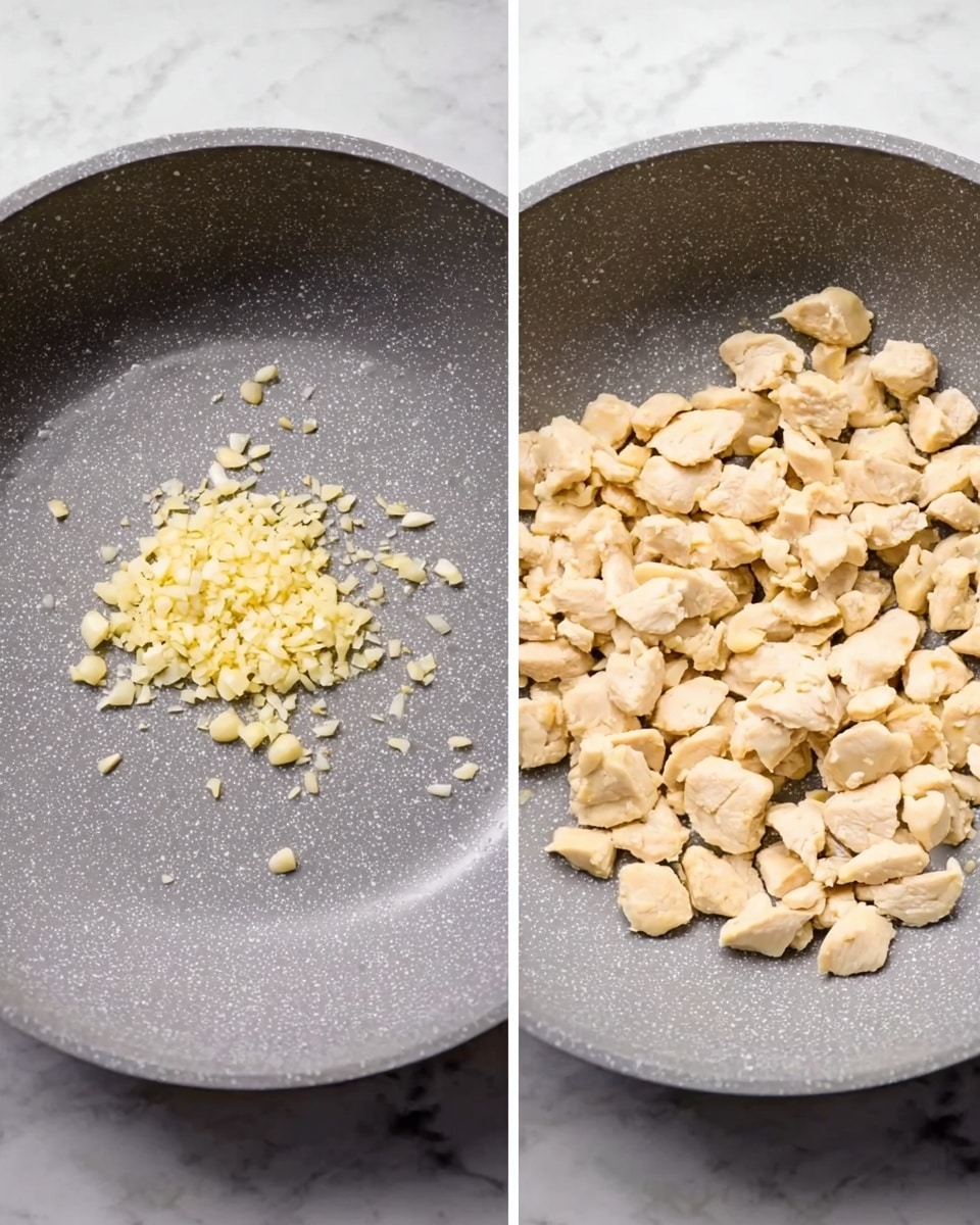 The first image shows a close-up of a gray pan with a few small pieces of light yellow minced garlic spread in the center on a white marbled surface. The garlic pieces are slightly browned and have a soft texture. The second image presents the same gray pan filled with many small, light beige pieces of cooked chicken evenly spread across the pan's bottom. The chicken pieces have a smooth texture with a slight golden tint on the edges. photo taken with an iphone --ar 4:5 --v 7