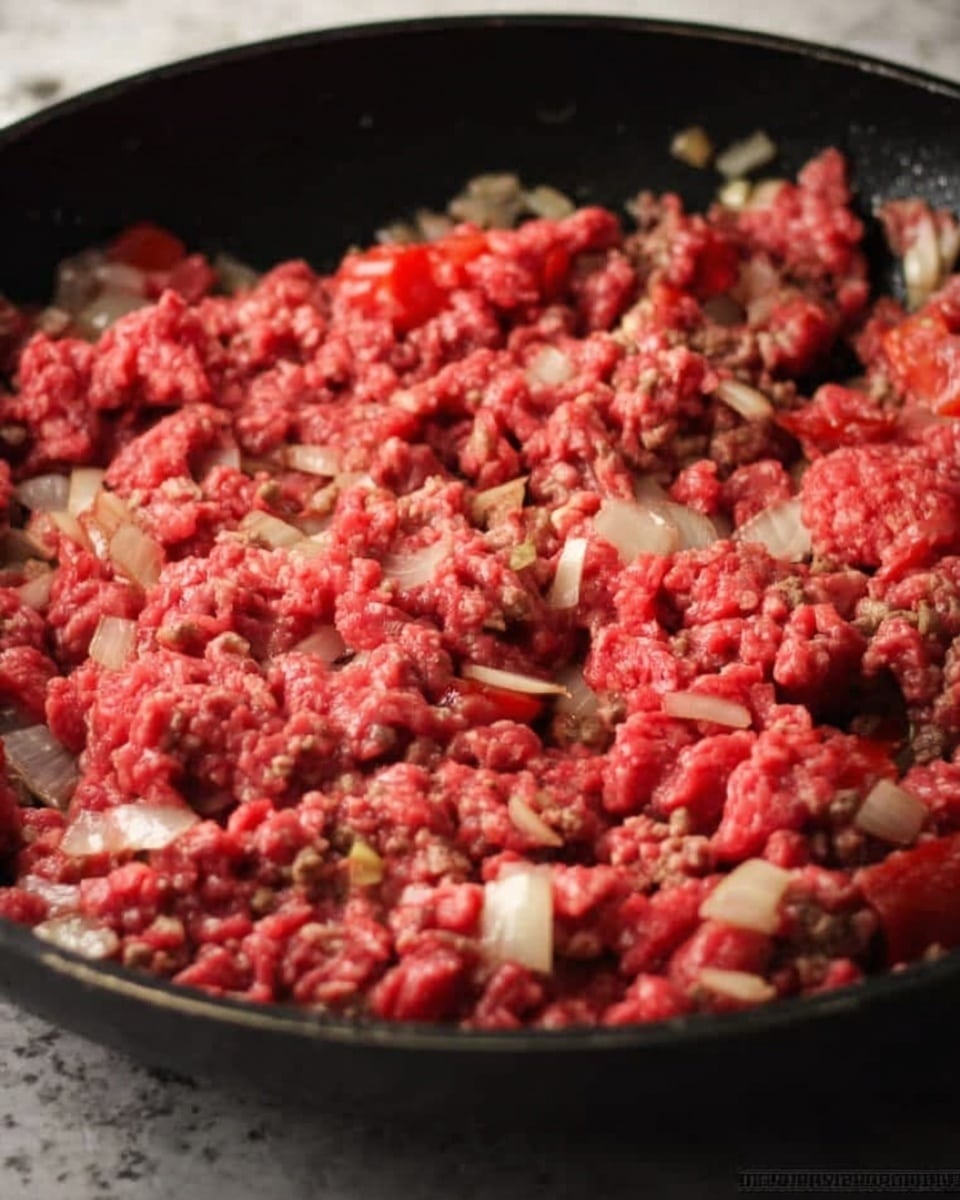 The image shows a black frying pan filled with raw ground meat mixed with small white pieces of onion. The meat is bright red and slightly chunky, covering the pan evenly with some onions scattered throughout. The pan surface has a slight shine from cooking oil, and the edges of the pan are visible with a black matte texture. The background is changed to a white marbled texture. photo taken with an iphone --ar 4:5 --v 7