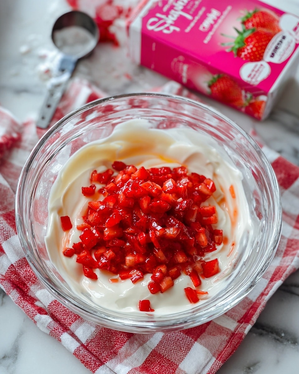 A clear glass bowl sits on a white marbled surface with a red and white checkered cloth underneath, filled with a thick, creamy white layer that has a smooth and slightly shiny texture. On top of this creamy layer is a heap of finely chopped, bright red strawberries that add a fresh and juicy texture to the dish. Surrounding the bowl are a partially visible pink carton with strawberry images and a silver measuring spoon, hinting at the ingredients used. The photo taken with an iphone --ar 4:5 --v 7