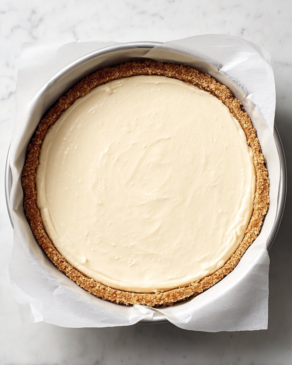 A round dessert with two visible layers is shown from above: the bottom layer is a light brown, crumbly crust pressed along the edges with a rough texture, and the top layer is a smooth, creamy, light beige filling evenly spread and filling the crust. The dessert sits in a round metal pan lined with white parchment paper, placed on a white marbled surface. photo taken with an iphone --ar 4:5 --v 7