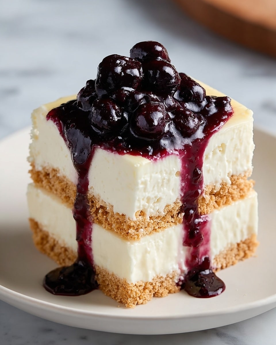 A white plate holds a two-layer square cheesecake with a crumbly light brown base for each layer. The creamy white cheesecake layers are thick and smooth. On top, a glossy dark purple berry sauce with whole berries drips down the sides, creating a rich contrast against the pale cake. The surface underneath the plate is a white marbled texture. Photo taken with an iphone --ar 4:5 --v 7