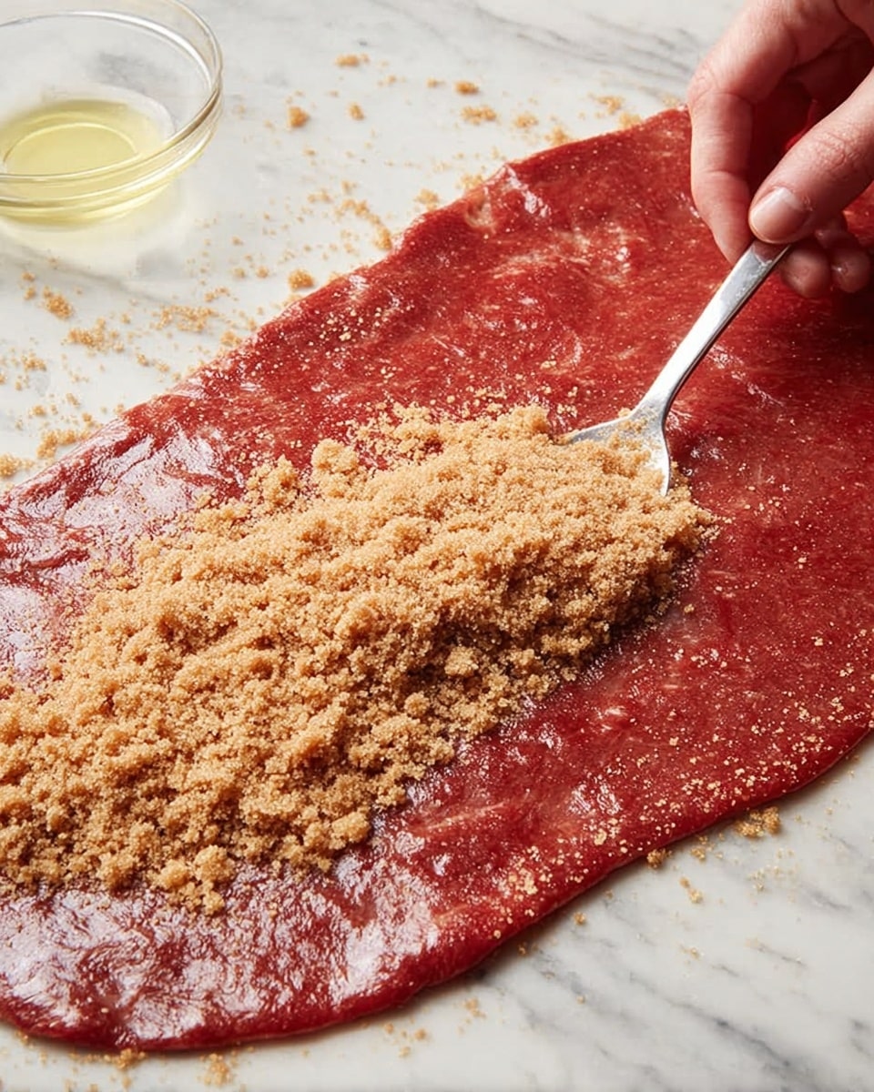 A large, thin sheet of shiny, deep red dough is spread flat on a white marbled surface. A woman's hand holds a silver spoon spreading light brown crumbly sugar evenly across the dough’s right side, with denser crumbs near the spoon. The dough has a smooth texture with slight sheen, and the light brown crumbs add a coarse texture on top, contrasting the smooth red base. In the background, a small clear glass bowl with a pale yellow liquid is partly visible. Photo taken with an iphone --ar 4:5 --v 7