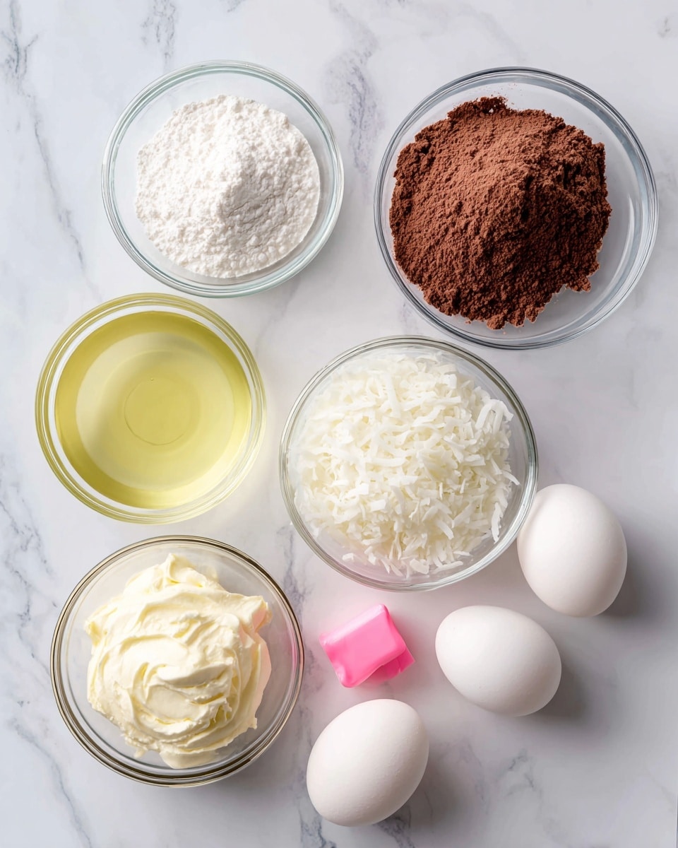 The image shows several ingredients placed on a white marbled surface. There is a clear bag filled with brown powder labeled Brownie Mix at the top center. Below it to the right is a clear round bowl filled with white shredded coconut. To the left of the shredded coconut is a smaller clear round bowl containing white marshmallow fluff. Next to this bowl on the left is another small clear round bowl with light cream-colored vanilla frosting. On the far left is a larger clear bowl filled with light yellow vegetable oil. Two white eggs are placed near the bottom right side. Below the eggs is a small bright pink tube of food coloring labeled Neon Pink. The text also mentions water, which is not shown in the image. Photo taken with an iphone --ar 4:5 --v 7