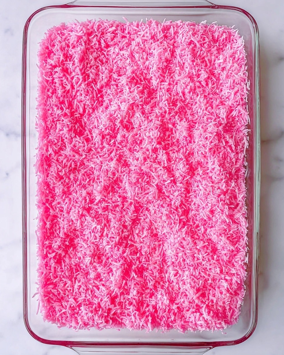 A clear glass rectangular baking dish contains one visible layer of finely shredded coconut that is dyed bright pink. The pink shredded coconut covers the whole surface evenly with a soft, fluffy texture, sitting on a white marbled background. Photo taken with an iphone --ar 4:5 --v 7