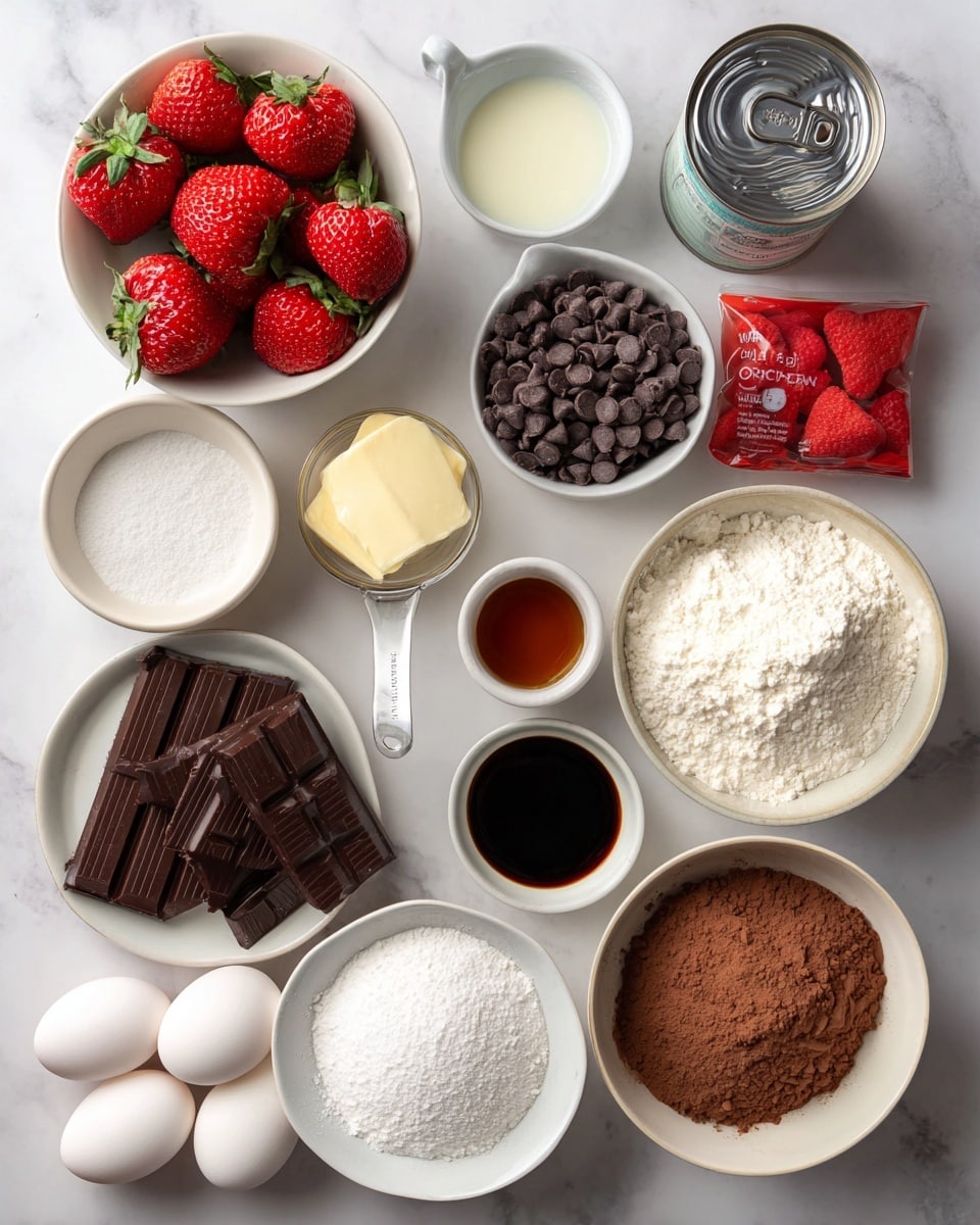 The image shows an arrangement of baking ingredients placed on a white marbled surface. There are nine bowls and containers arranged in a loose circle. From top left moving clockwise, a white bowl holds fresh red strawberries with green leaves, a white measuring cup contains dark brown chocolate chips, and a small white bowl with a pale yellow melted butter. To the right, a red bag of freeze-dried strawberries is partially visible. Below it, a white bowl with dark brown semi-sweet chocolate bars. Continuing left, a small white bowl has dark vanilla extract. Next, a larger white bowl holds white granulated sugar, and above it, another white bowl filled with white flour and salt mix. Near the bottom left, a white bowl contains two large white eggs, and next to it, a grey measuring cup filled with off-white heavy cream. Above the eggs and next to the white sugar bowl, an open can of sweetened condensed milk with a silvery top. Another bowl, white, next to the strawberries has deep brown cocoa powder. Photo taken with an iphone --ar 4:5 --v 7