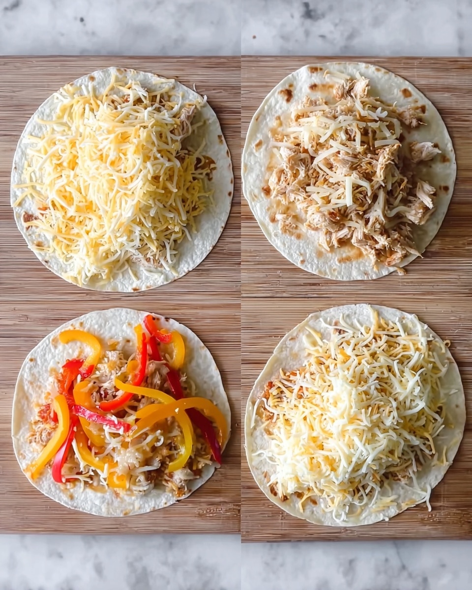 Four tortillas lie flat on a wooden board arranged in a 2x2 grid. Each tortilla has a layer of mixed shredded cheese on the bottom, showing both yellow and white strands. The top-left tortilla shows cheese only, while the top-right tortilla adds shredded cooked chicken on top, light brown in color. The bottom-left tortilla adds colorful sautéed bell peppers with red, yellow, and orange rings over the chicken and cheese layers. The bottom-right tortilla is similar but with additional shredded cheese on top, creating a mix of light yellow, white, and golden textures with small bits of chicken and peppers visible underneath. The background is a white marbled texture photo taken with an iphone --ar 4:5 --v 7