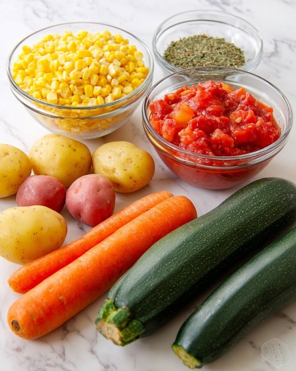 The image shows several ingredients placed on a white marbled surface. There are two clear glass bowls, one filled with yellow corn kernels and the other with red diced tomatoes in sauce. Around the bowls, there are two large orange carrots and one dark green zucchini lying horizontally. In front of these vegetables, there are a mix of small yellow and red potatoes, scattered in a small pile. Behind these, a small clear glass bowl contains green dried herbs. photo taken with an iphone --ar 4:5 --v 7