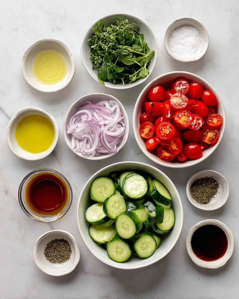 The image shows a top view of nine white bowls placed on a white marbled surface, each filled with different salad ingredients. The largest bowl at the bottom center is filled with thick slices of green cucumbers with dark green skin. To its right is a medium bowl full of bright red halved cherry tomatoes. Above it, a smaller bowl contains green fresh herbs with leafy texture. Next to the herbs is a small bowl of coarse white salt, and on the left side of this, another small bowl holds a clear yellowish liquid labeled olive oil. Below olive oil is a bowl of thinly sliced pale purple onions. Above this, a small bowl contains light honey with a smooth surface. To the left of honey is another small bowl holding coarse black pepper. The last small bowl at the bottom right corner contains dark red liquid labeled red wine vinegar. All bowls show their contents clearly and are neatly arranged, highlighting the fresh colors and textures of the ingredients. Photo taken with an iphone --ar 4:5 --v 7