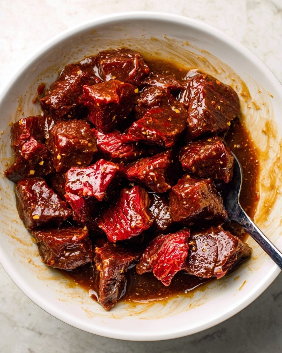 A white bowl contains dark red meat chunks mixed with a glossy brown marinade. The meat pieces are irregularly shaped, some showing a tender interior with a bright red color while others are darker and coated in sauce. The mixture is thick and shiny, with small bits of seasoning visible. A dark spoon is partially visible on the right side, stirring the meat. The bowl sits on a white marbled surface. photo taken with an iphone --ar 4:5 --v 7
