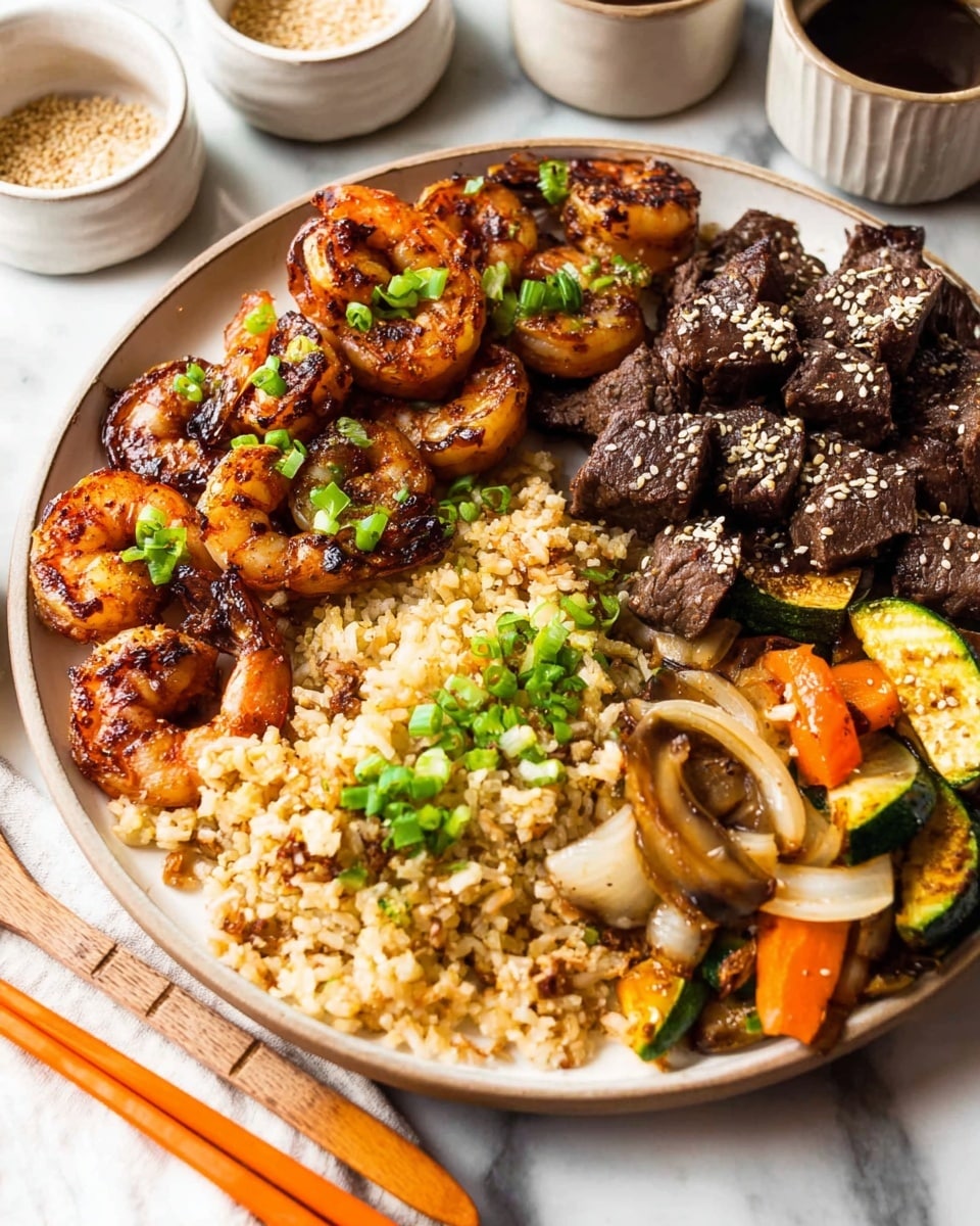 A white round plate on a white marbled surface holds four distinct sections neatly arranged. The top left section features seven grilled shrimp with a reddish-brown char, topped with small green onion pieces. To the right of the shrimp, the top right section contains dark brown chunks of beef sprinkled with white sesame seeds. The bottom left section shows a bed of light brown fried rice mixed with small carrot bits and green peas, garnished with chopped green onions. The bottom right section has a colorful mix of grilled vegetables including orange carrots, green zucchini, beige mushrooms, and translucent onions with a slight char. A pair of orange chopsticks rests on the right edge of the plate, and a wooden spoon with beige stripes is partially visible in the bottom left corner. In the background are small white bowls with sauces and sesame seeds. photo taken with an iphone --ar 4:5 --v 7