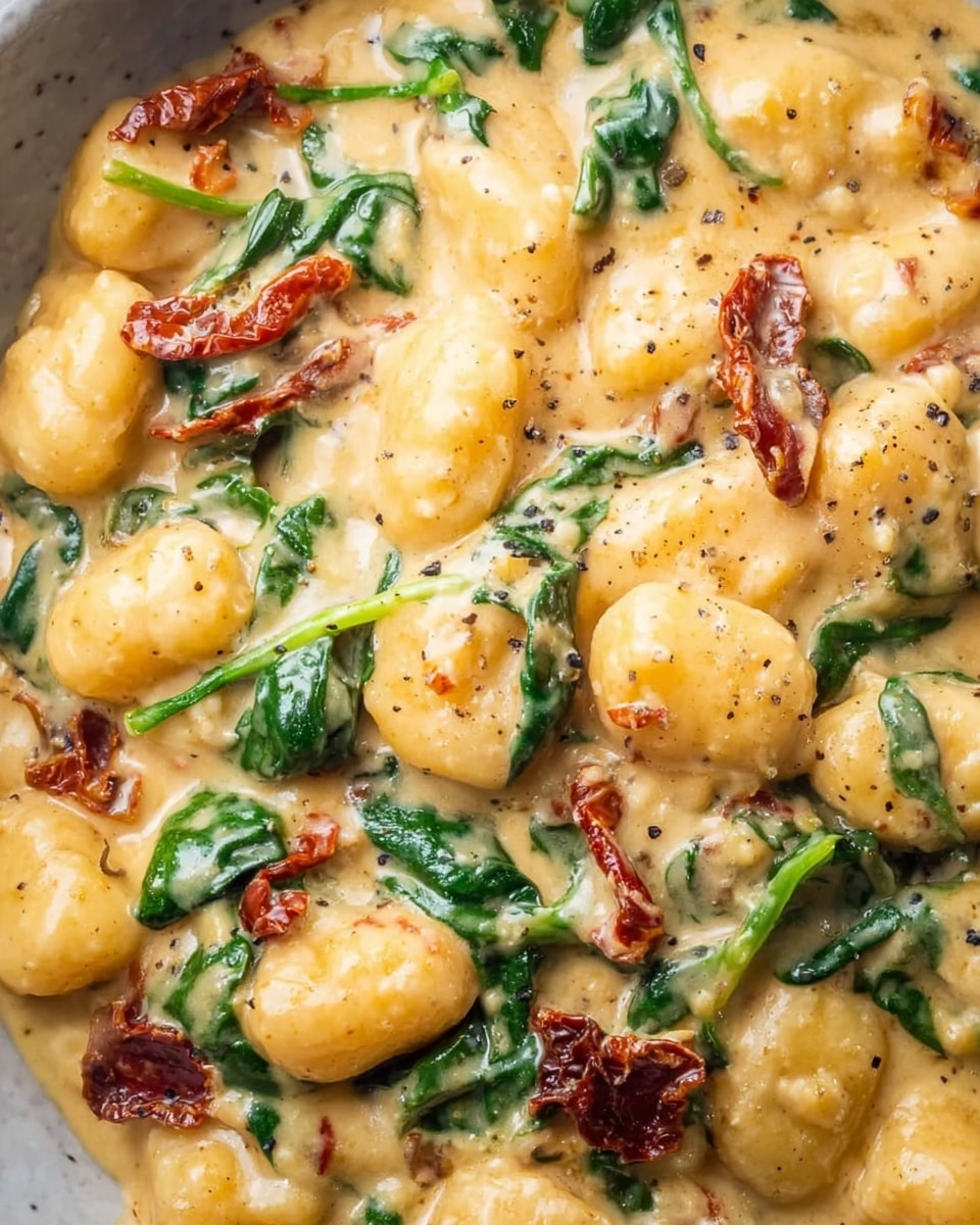 The dish shows a close-up of round gnocchi pieces covered in a thick creamy sauce that is a light golden-yellow color. Mixed in are bright green spinach leaves and pieces of sun-dried tomatoes that are dark red and slightly wrinkled, adding color contrast. The sauce looks smooth and rich, speckled with black pepper and herbs. The gnocchi are soft and plump, sitting in the sauce that coats them evenly. The image is focused tightly on the gnocchi, spinach, and tomatoes without showing the container or surface, with a white marbled texture background. photo taken with an iphone --ar 4:5 --v 7