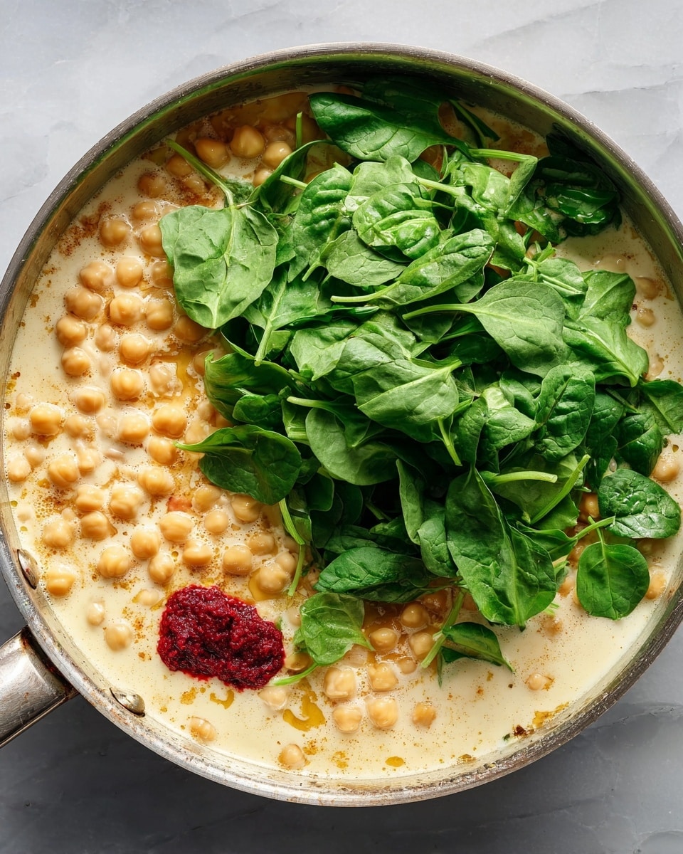A silver pan holds a creamy soup base with light beige color, filled with round beige chickpeas spread mostly around the edges. On top, there is a large pile of fresh, bright green spinach leaves mostly in the center. Near the bottom right, a small dollop of thick red paste adds contrast against the creamy base. The pan sits on a surface with a white marbled texture. photo taken with an iphone --ar 4:5 --v 7