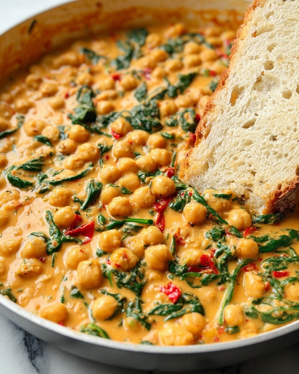 A close-up view of a creamy chickpea dish in a white pan, showing a thick orange-yellow sauce mixed with yellow chickpeas, green spinach leaves, and small pieces of red peppers. A slice of light brown bread with a soft, porous texture is partially dipped into the dish on the right side. The sauce looks smooth and rich, coating the chickpeas and greens evenly, while the bread adds a contrasting texture. The scene sits on a white marbled surface. photo taken with an iphone --ar 4:5 --v 7