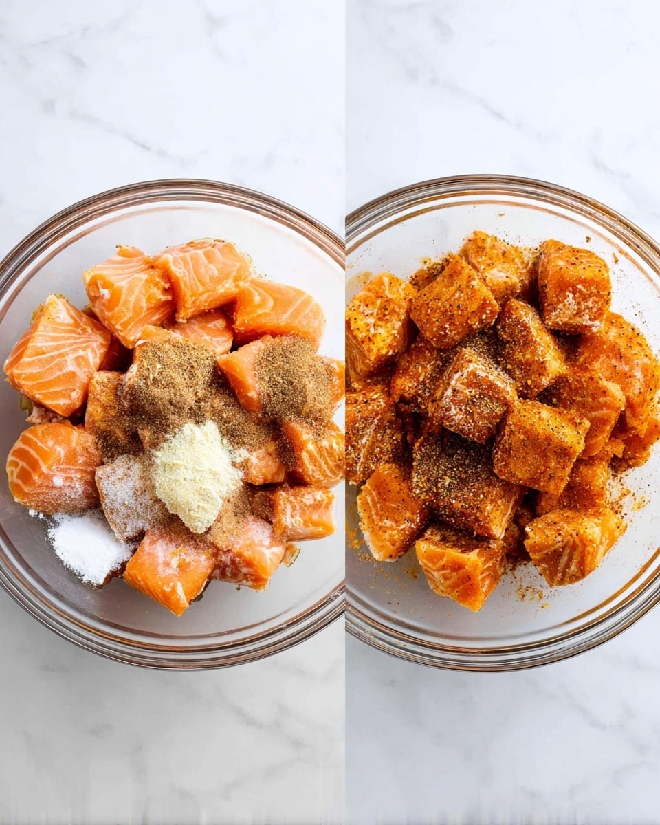 The image shows two clear glass bowls on a white marbled surface, each filled with salmon pieces. The bowl on the left has raw salmon chunks with several seasonings layered on top, including white powders and brown spices, giving a mix of orange, white, light brown, and dark brown colors spread unevenly over the fish. The bowl on the right shows the same salmon pieces after being mixed with the spices, turning the pieces a more uniform golden orange color with dark brown specks of seasoning visible throughout. The texture looks moist and coated with the spice mix. Photo taken with an iphone --ar 4:5 --v 7