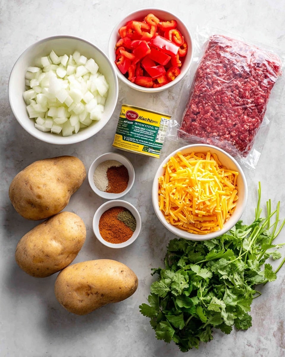 The image shows a group of fresh ingredients placed on a white marbled surface. In the top left, there is a white bowl filled with chopped white onions and red bell peppers. Next to it, on the right side, is a package of organic ground beef wrapped in clear plastic with red meat visible inside. Below the bowl is a yellow can of mild diced green chiles. Three light brown potatoes are arranged at the bottom left. To the right of the potatoes is a small white bowl with four different ground spices in it, showing brown, red, tan, and greenish colors. Towards the right top side, there is another white bowl filled with shredded yellow and white cheese. Finally, a bunch of fresh green cilantro leaves is placed at the bottom right corner. Photo taken with an iphone --ar 4:5 --v 7